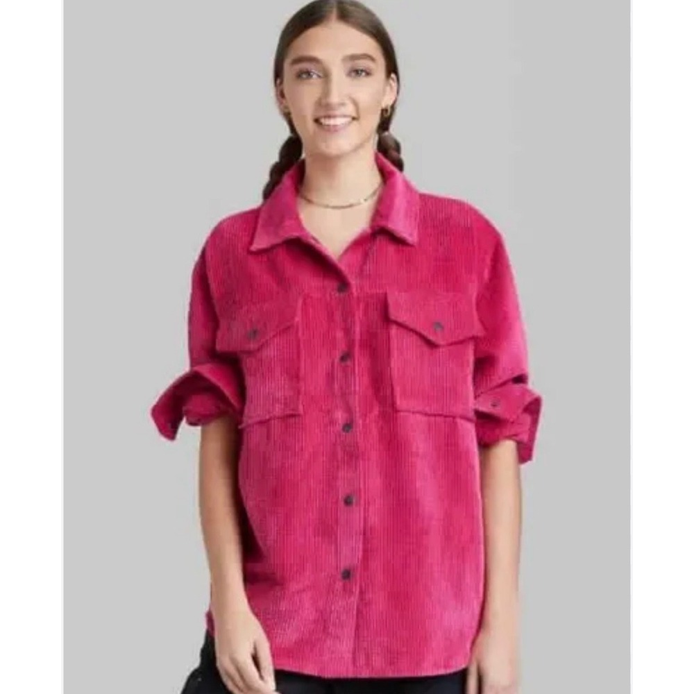 C18 Wild Fable Hot Pink Corduroy Shacket Oversized Button Down Shirt XS‎